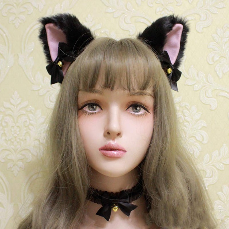 Fxaelian Animal Faux Fur Fox Cat Dog Ears Headband Halloween Cosplay Costume Party Headbands for Women Men Adult with Bell Black - Image 3
